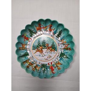 Vintage Deer Pixie Elf Turquoise Blue Plastic Serving Tray Bowl Christmas 60s